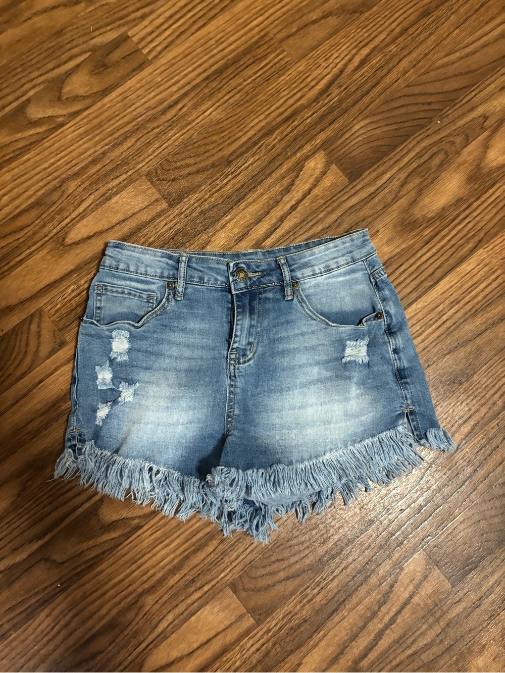 Woman Light Wash Distressed Fringed Denim Shorts * High Waist * Small.